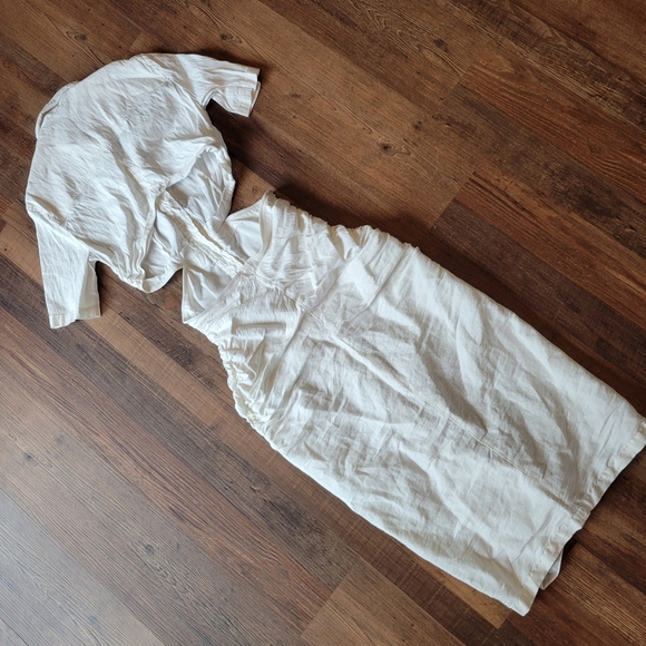 Zara White Linen Open Back Side Cut Outs Button Down Midi Dress - Picture 6 of 11